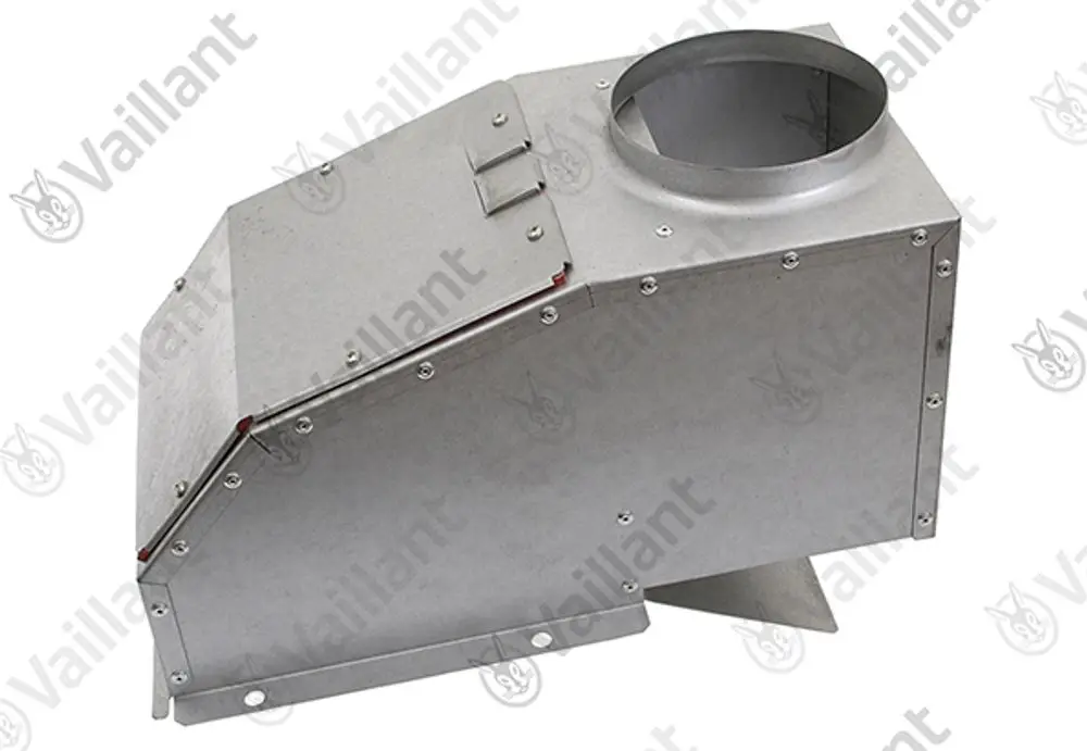Metallischer Abgassammler von Vaillant mit rundem Anschluss und einer eckigen, kompakten Bauform. Signalrot markierte Dichtungen an den Verbindungsstellen sind sichtbar.